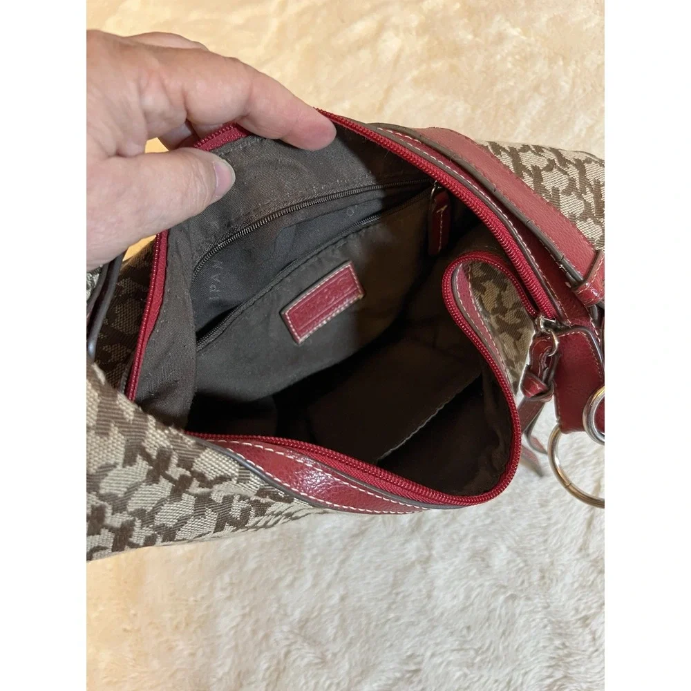 Y2K Red F Leather Trim Hobo Bag Brown Pattern Shoulder Purse Chunky silver ring